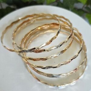 Set of Seven Tricolor Gold Filled Bangle Wave Design Bracelet